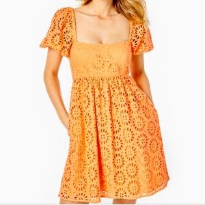 Lilly Pulitzer Kay Babydoll EYELET Dress Cantaloupe Oversize Pinwheel Sz 6